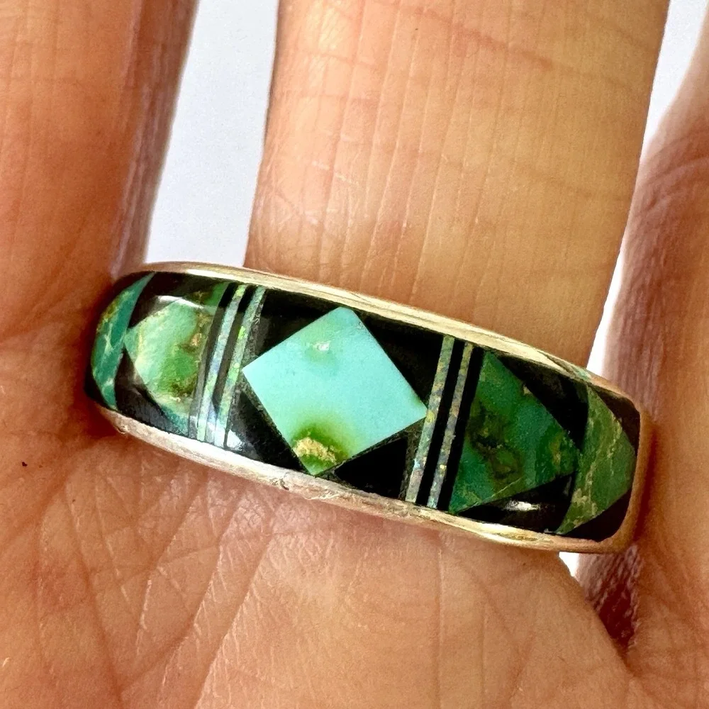 Navajo Turquoise Wedding Band Inlay Opal Stone Ring Sz 13.5 9mm Mens Tolino